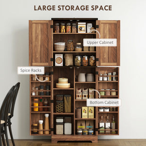 Armoire garde-manger haute effet bois brun avec 10 tablettes et 8 porte-épices