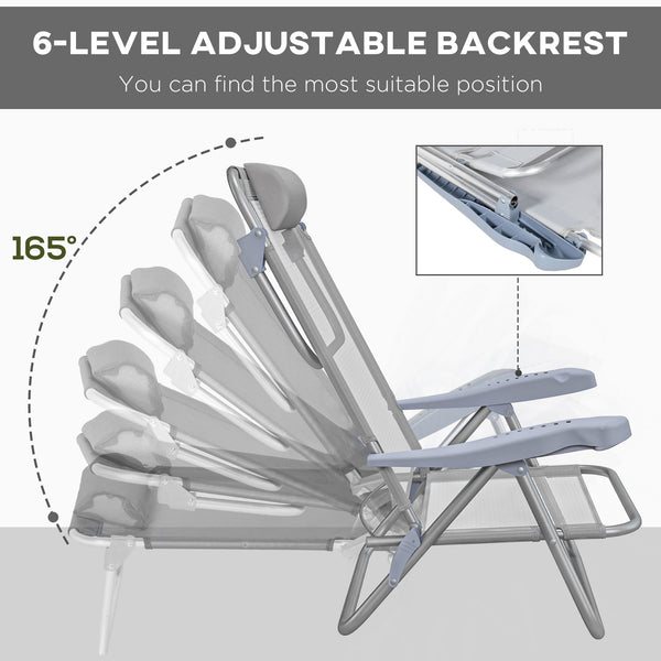 Lot de 2 chaises de plage, chaises de camping avec dossier et appui-tête réglables, gris clair