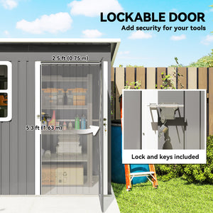 Galvanized steel garden shed with window, large lockable door and ventilation, dark grey