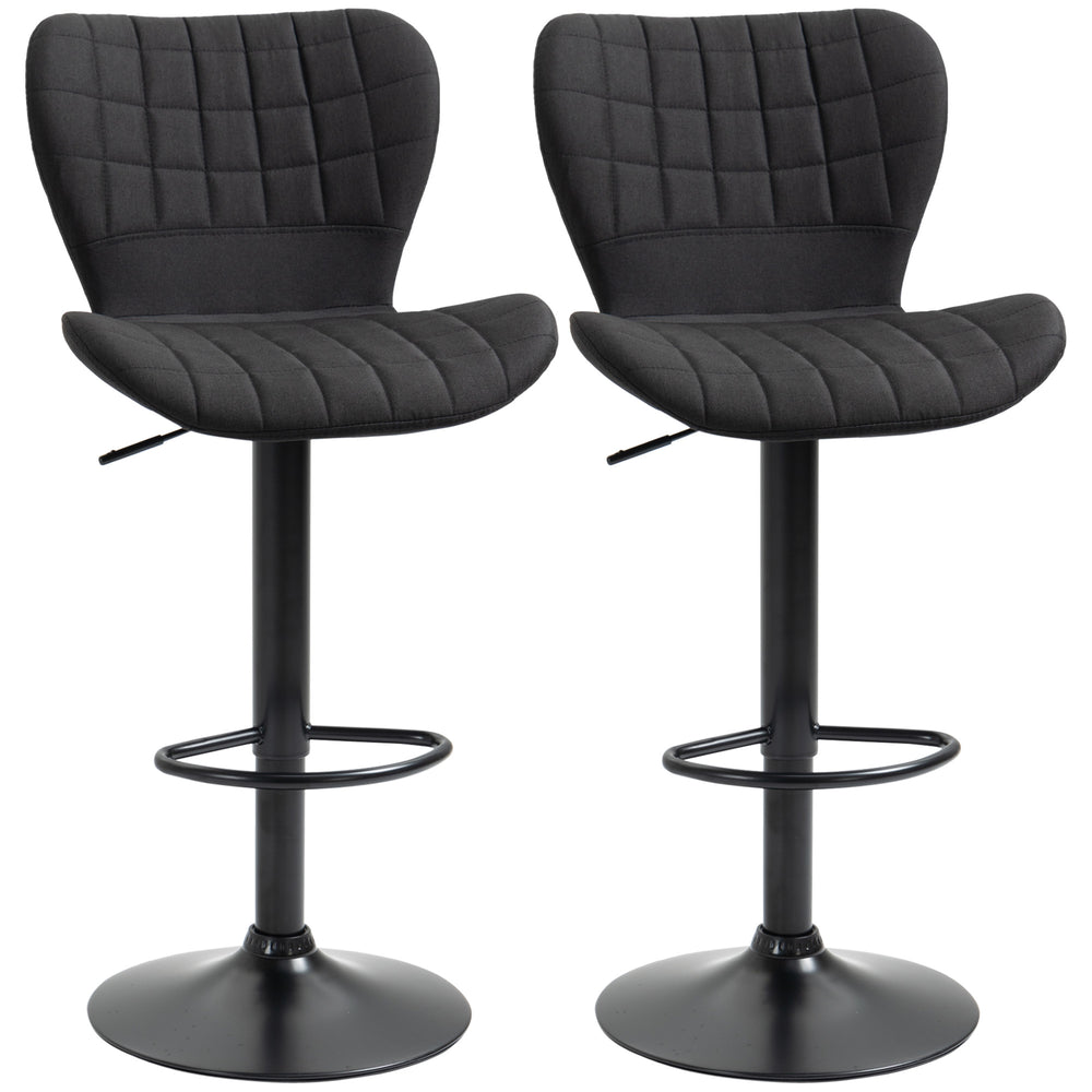 Set of 2 bar stools with wide seat, backrest and footrest, black