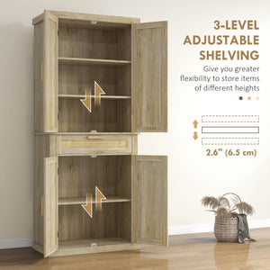 Garde-manger en rotin avec 4 portes, tiroir, étagère à 5 niveaux, étagères réglables, couleur chêne