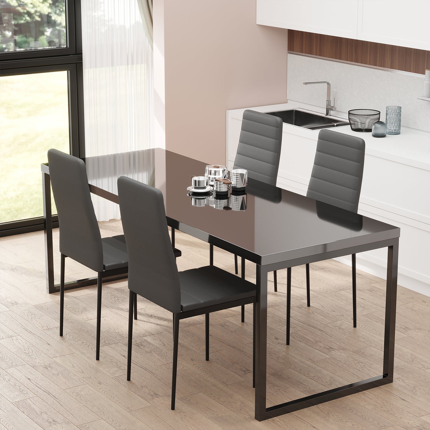 Lot de 4 chaises de salle à manger à dossier haut en lin rembourré avec pieds en métal, noir
