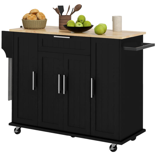 Desserte de cuisine moderne à roulettes avec tiroirs, plateau en bois naturel, porte-serviettes, armoire de rangement à porte, noir