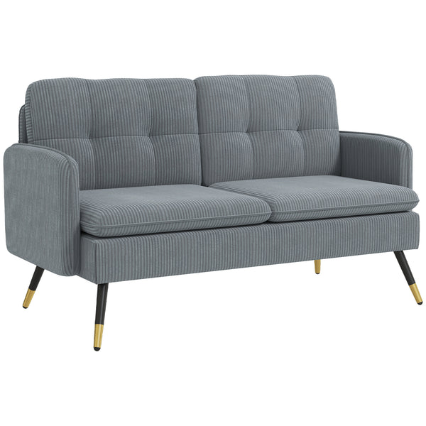 Two-seater corduroy sofa with springs, steel legs and tufting, dark gray