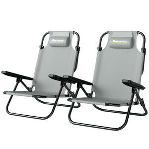 Set of 2 beach chairs, foldable and adjustable in 5 positions, with headrest and armrests, light gray.