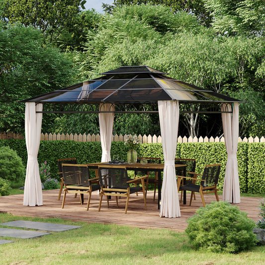 Gazebo 10' x 12' avec toit rigide double PC, structure en acier, filets et rideaux, kaki