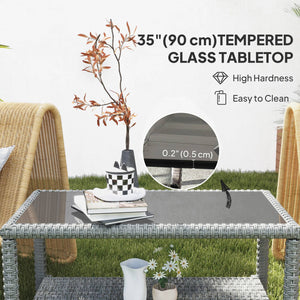 Table basse d'extérieur 35" en osier avec plateau en verre et étagère de rangement, gris foncé