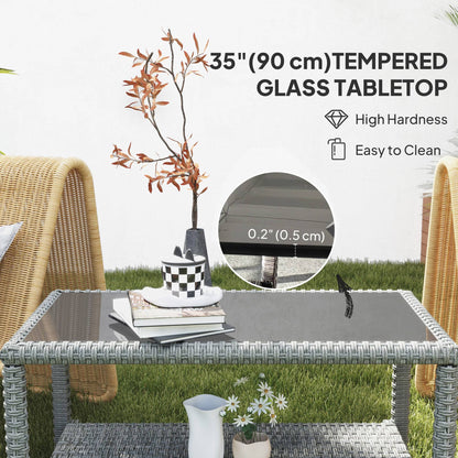 Table basse d'extérieur 35" en osier avec plateau en verre et étagère de rangement, gris foncé