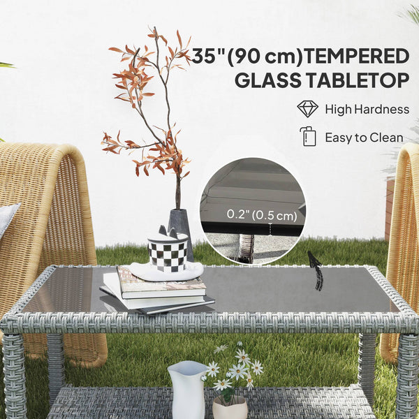 Table basse d'extérieur 35" en osier avec plateau en verre et étagère de rangement, gris foncé