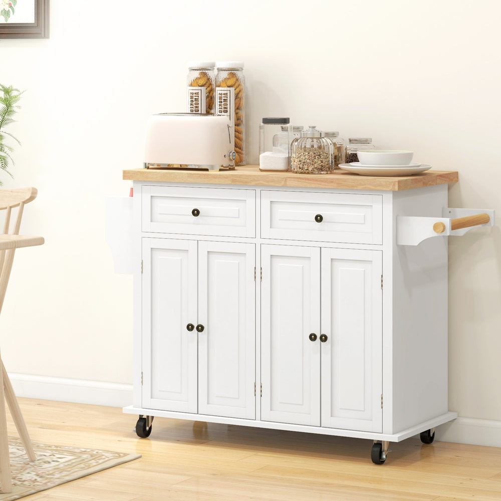 Îlot de cuisine avec rangement, roulante avec plateau en bois d'hévéa, étagère à épices, porte-serviettes, blanc crème