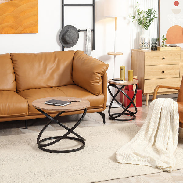 Table d'appoint industrielle avec plateau rond, cadre en acier, marron clair