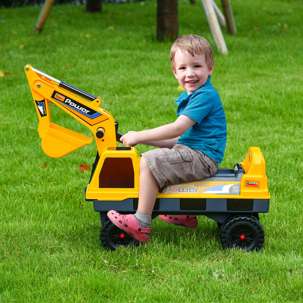 2-in-1 designer construction excavator, removable digging bucket and grabbing bucket, music, light, yellow