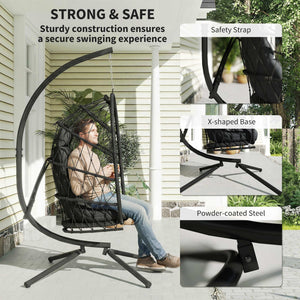 Fauteuil suspendu avec support, en rotin tressé avec coussin épais et corde de sécurité, noir