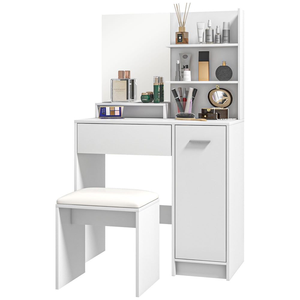 Coiffeuse avec miroir et tabouret, tiroir de rangement, blanc