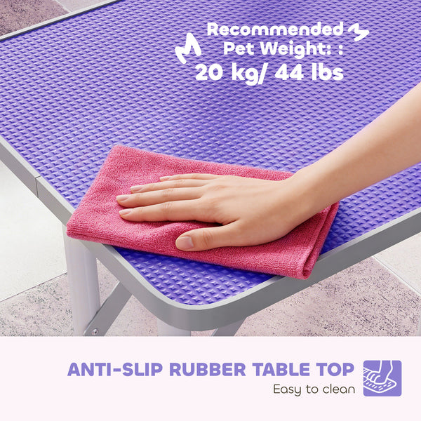 Foldable Pet Grooming Table for Dogs Cats with Adjustable Arm, Non-slip Surface, Purple