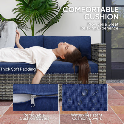 Outsunny 4 Piece Wicker Rattan Patio Furniture Set with Corner Sofa, Loveseats and Coffee Table Cushions, Navy Blue