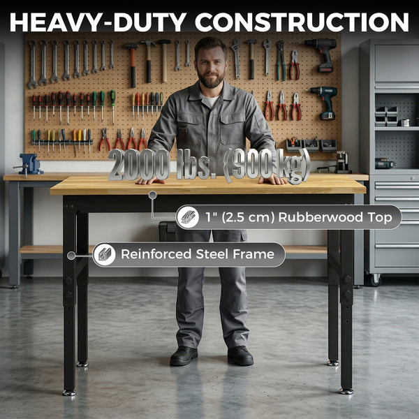 48" Adjustable Workbench, Heavy-Duty Work Table with Rubberwood Top, Power Outlets, Pegboard, 2000 LBS Capacity