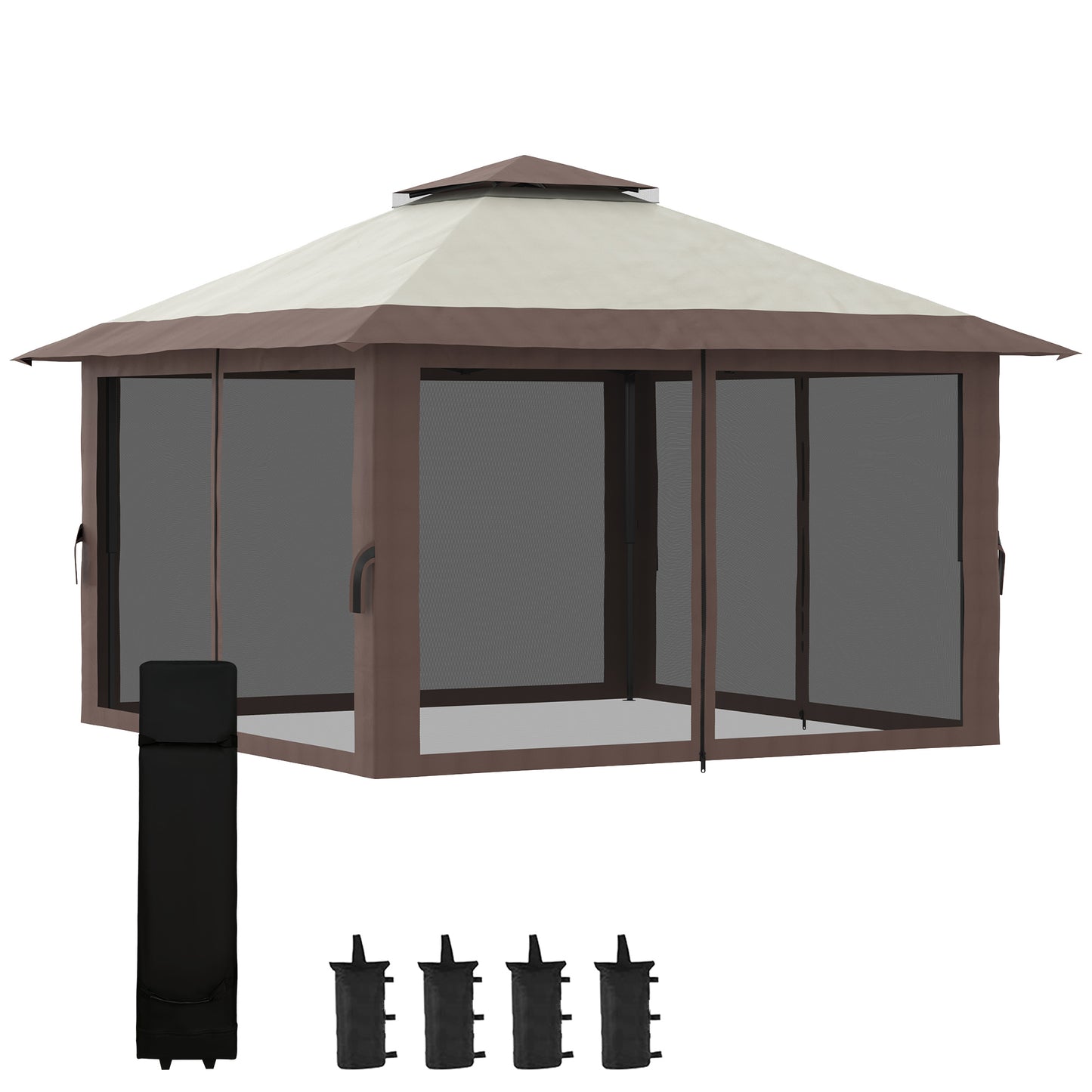 Gazebo escamotable 13' x 13', toit à deux niveaux, facile à monter, avec filets, sac, beige