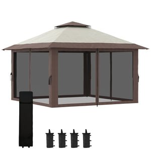 Gazebo escamotable 13' x 13', toit à deux niveaux, facile à monter, avec filets, sac, beige