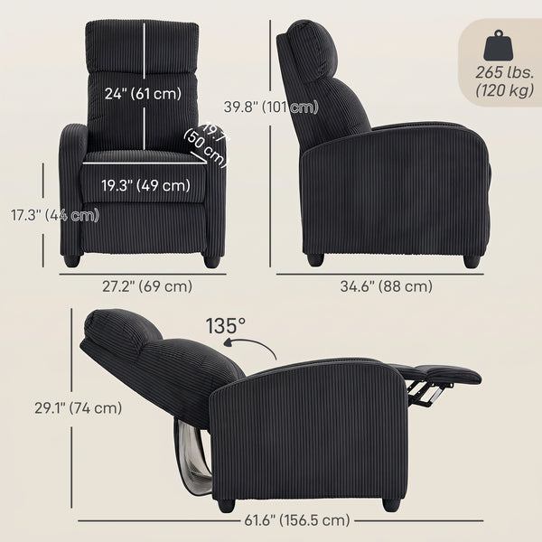 Corduroy Home Theater Seating, Push Back Recliner Chair with Padded Seat for Living Room, Black