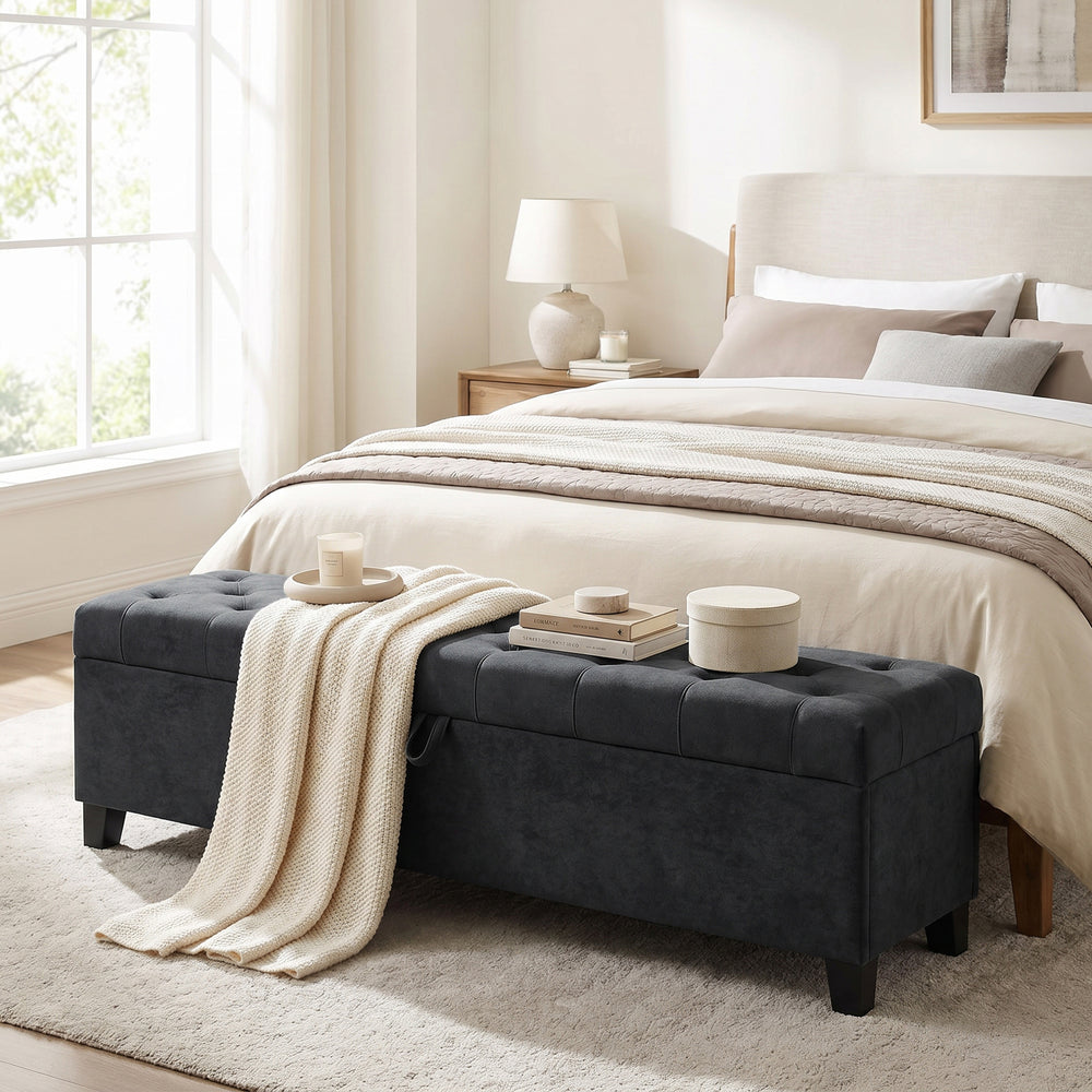 63" Upholstered Velvet Storage Bench, Dark Grey