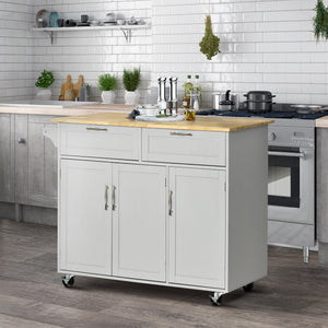 Rolling kitchen island with 2 storage drawers, 3 cupboards with doors and towel rail - Grey