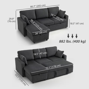 81" Sofa Bed, 2 In 1 Pull Out Sleeper Sofa Bed with Storage, Corduroy Convertible Couch for Living Room, Dark Grey