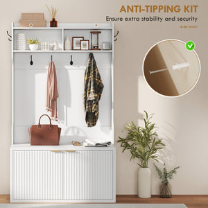 Porte-manteau 4 en 1 avec banc à chaussures intégré, étagère ouverte pour entrée, blanc
