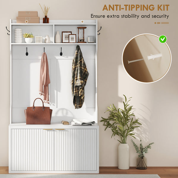 Porte-manteau 4 en 1 avec banc à chaussures intégré, étagère ouverte pour entrée, blanc