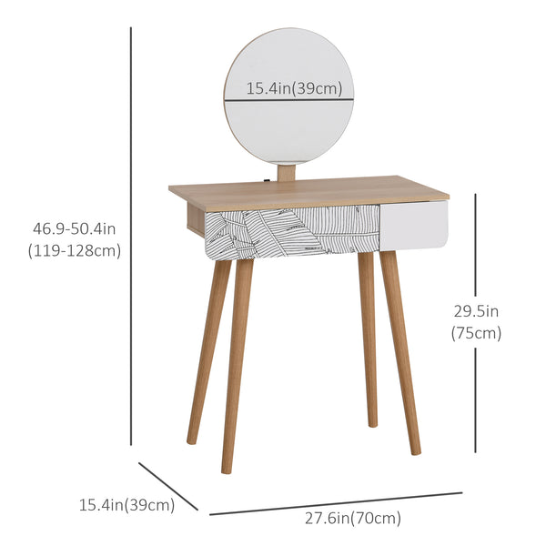 Coiffeuse avec tiroir et miroir réglable en hauteur, pieds en bois, chêne