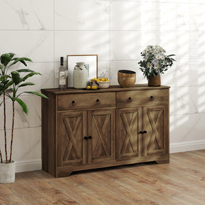 Buffet marron clair avec 2 tiroirs, 4 portes de grange et 2 étagères réglables – meuble de rangement style rustique pour salle à manger ou salon