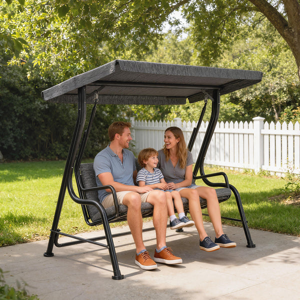 3-Person Porch Swing Chair, Patio Swing Bench with Adjustable Canopy, Removable Thicken Cushion, Black