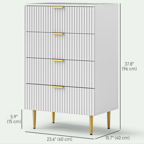 Commode moderne à 4 tiroirs avec pieds et poignées dorés, blanc