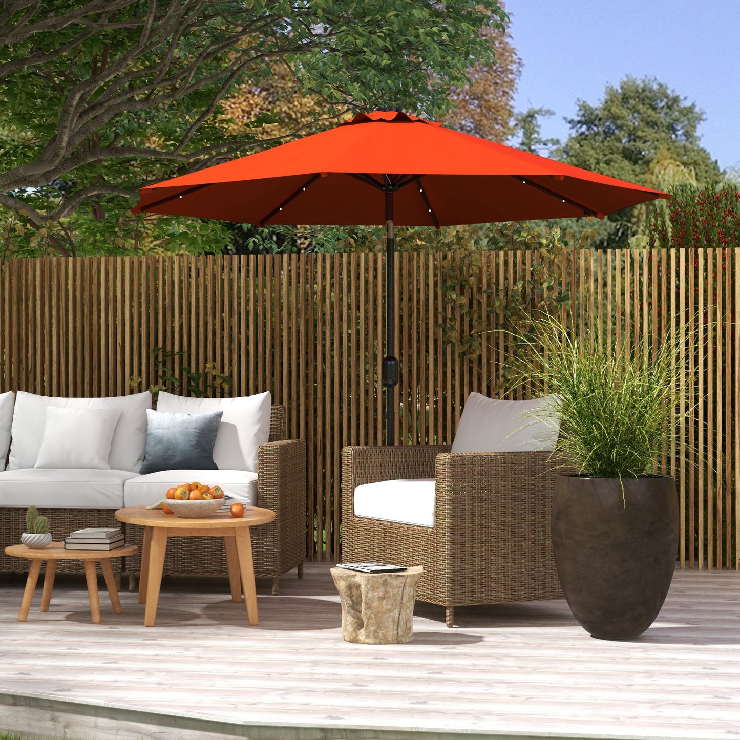 Parasol solaire d'extérieur de 2,7 m avec 24 LED et auvent inclinable, orange