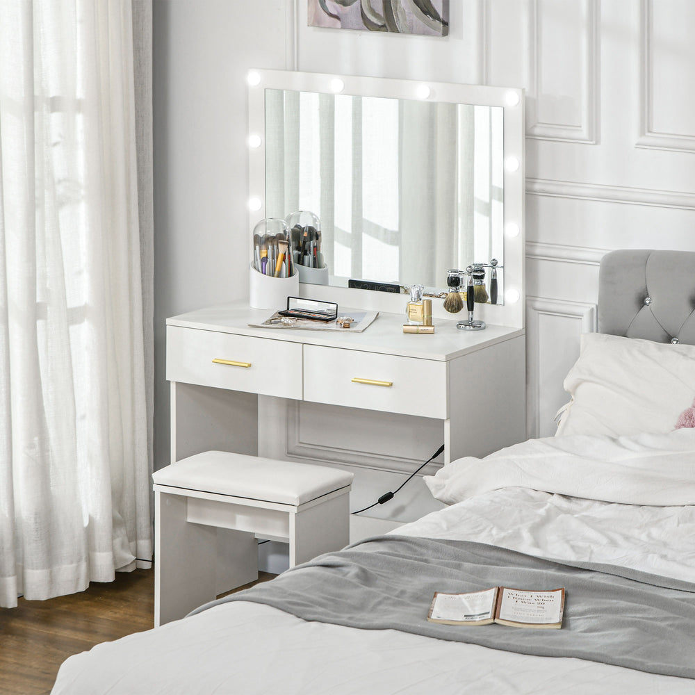 Coiffeuse avec tabouret, miroir à éclairage LED et tiroirs, blanc