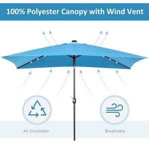 9.7-foot rectangular parasol with crank and LED lighting, turquoise