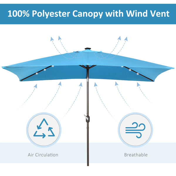 9.7-foot rectangular parasol with crank and LED lighting, turquoise