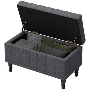 Pouf de rangement, banc de chevet en tissu lin avec capitonnage à boutons, gris
