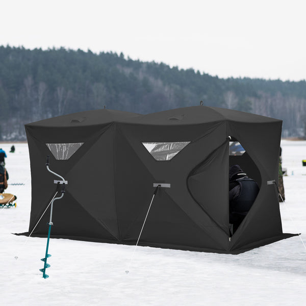 Portable ice fishing shelter for 5 to 8 people, black.