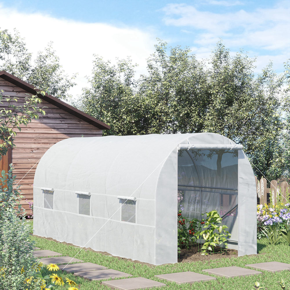 Portable tunnel greenhouse with door and ventilation window, white