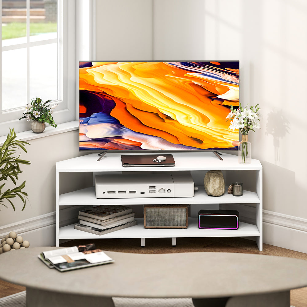 Corner TV cabinet with 2 open shelves for 47 inch TV, white