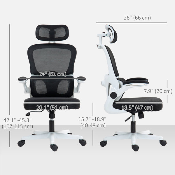 Chaise de bureau ergonomique en maille avec accoudoirs relevables, appui-tête pivotant et soutien lombaire réglable, noir