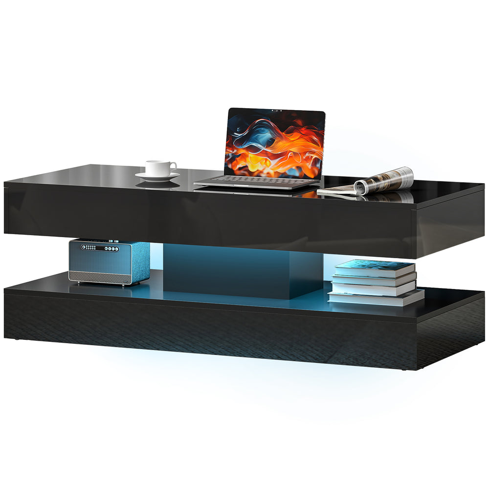 Table basse avec éclairage LED réglable avec 2 tiroirs, étagère ouverte, télécommande, noir brillant
