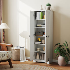 Armoire de rangement haute  de style campagnard avec 2 portes et étagères réglables, blanc vieilli