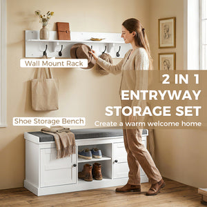 Ensemble 2 en 1 : porte-manteau et banc à chaussures avec 6 crochets et rangement pour chaussures, blanc et gris.