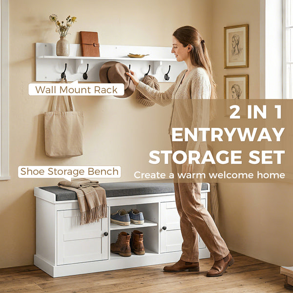 Ensemble 2 en 1 : porte-manteau et banc à chaussures avec 6 crochets et rangement pour chaussures, blanc et gris.