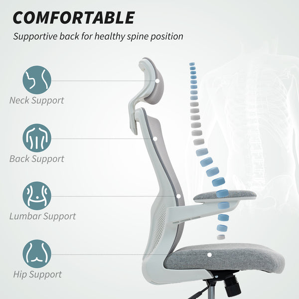 Ergonomic office chair with lumbar support and headrest, grey