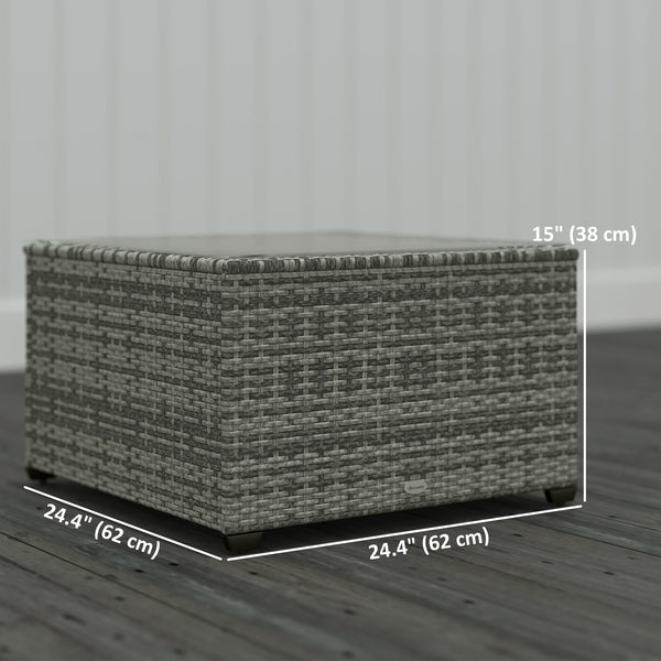 24.4" Patio Wicker Coffee Table, PE Rattan Outdoor Side Table with Tempered Glass Top, Light Grey