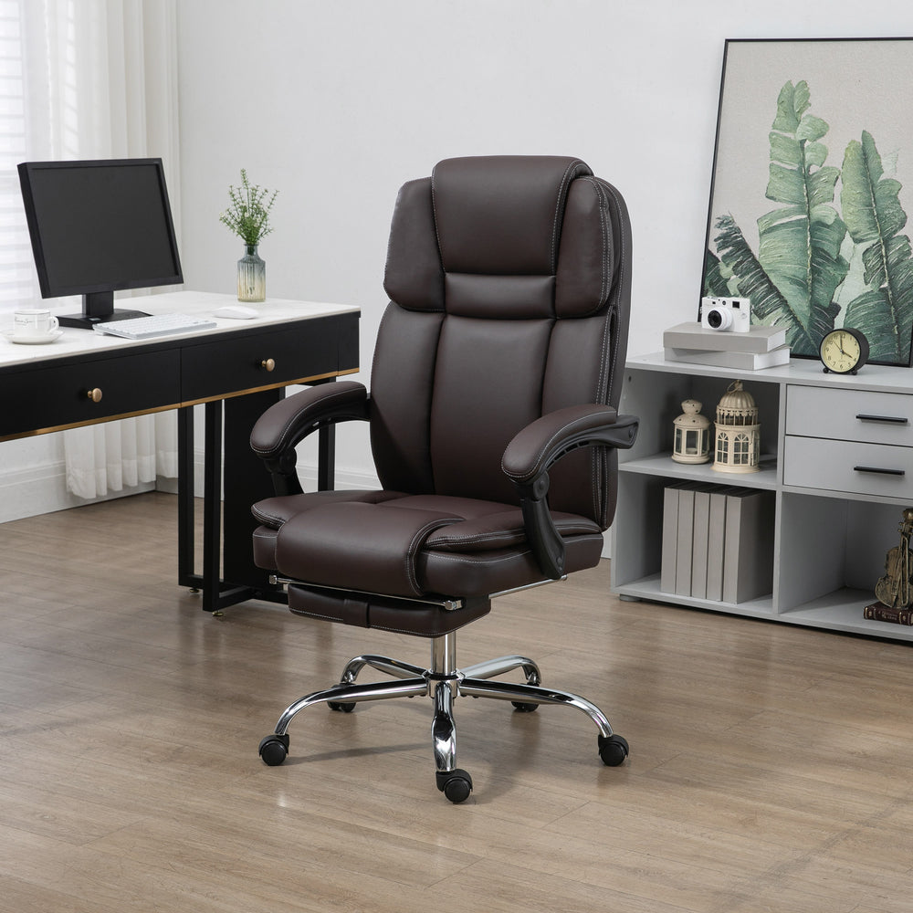 Fauteuil de bureau massant inclinable avec vibration à 6 points, repose-pieds et dossier haut, marron foncé