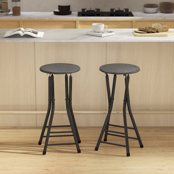 Set of 2 counter height folding bar stools with footrests and steel legs, black